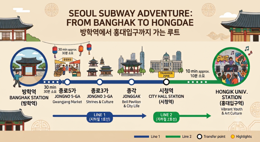 Affordable Hotel Near Banghak Station: Hotel Bay 204 Review Subway route from Banghak Station to Hongdae via Jongno and City Hall.